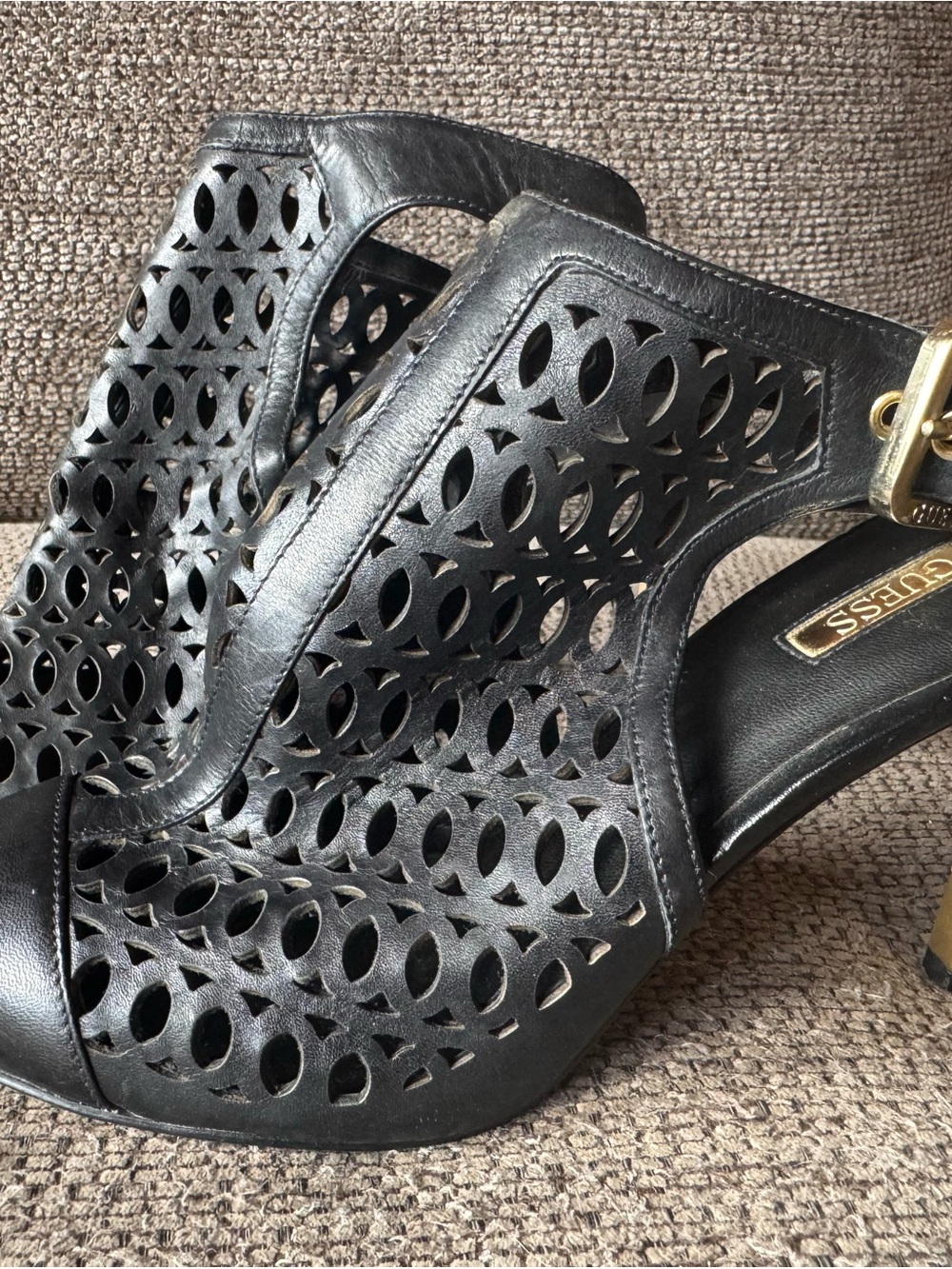 Guess Black Laser-Cut Leather Slingback Heels